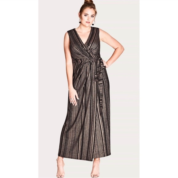 CITY CHIC Black and Golden Copper Striped Maxi Wrap Dress Size 18 - Picture 1 of 7